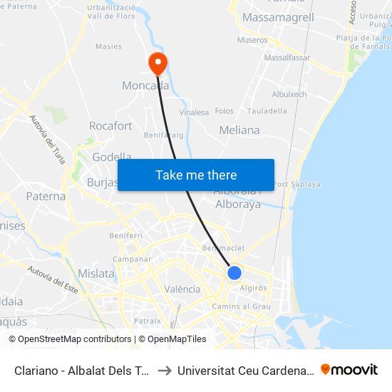 Clariano - Albalat Dels Tarongers to Universitat Ceu Cardenal Herrera map