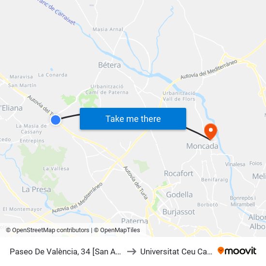 Paseo De València, 34 [San Antonio De Benagéber] to Universitat Ceu Cardenal Herrera map