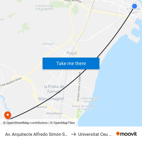 Av. Arquitecte Alfredo Simón S/N (Front Esglèsia) [Sagunt] to Universitat Ceu Cardenal Herrera map