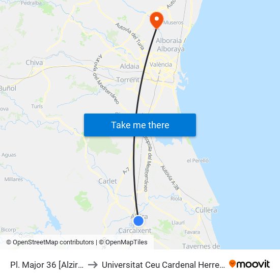 Pl. Major 36 [Alzira] to Universitat Ceu Cardenal Herrera map