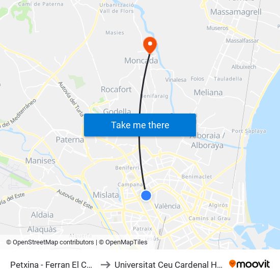 Petxina - Ferran El Catòlic to Universitat Ceu Cardenal Herrera map