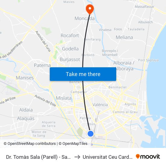 Dr. Tomàs Sala (Parell) - Sant Vicent Màrtir to Universitat Ceu Cardenal Herrera map