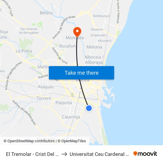 El Tremolar - Crist Del Refugi to Universitat Ceu Cardenal Herrera map