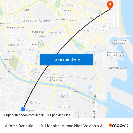 Alfafar-Benetússer to Hospital Vithas Nisa Valencia Al Mar map