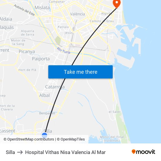 Silla to Hospital Vithas Nisa Valencia Al Mar map