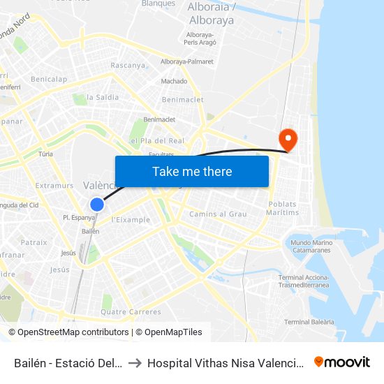 Bailén - Estació Del Nord to Hospital Vithas Nisa Valencia Al Mar map