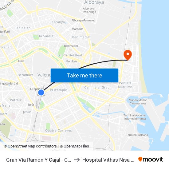 Gran Vía Ramón Y Cajal - C/ Bailén [València] to Hospital Vithas Nisa Valencia Al Mar map