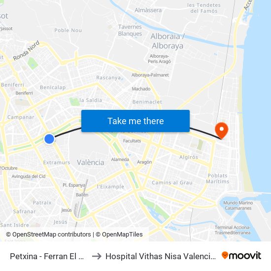 Petxina - Ferran El Catòlic to Hospital Vithas Nisa Valencia Al Mar map