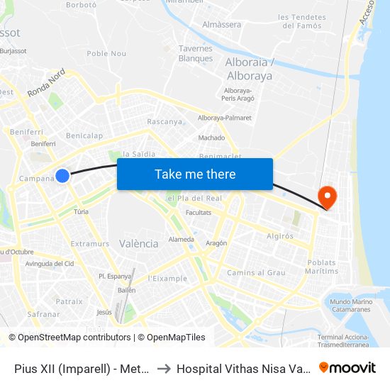 Pius XII (Imparell) - Metro Campanar to Hospital Vithas Nisa Valencia Al Mar map
