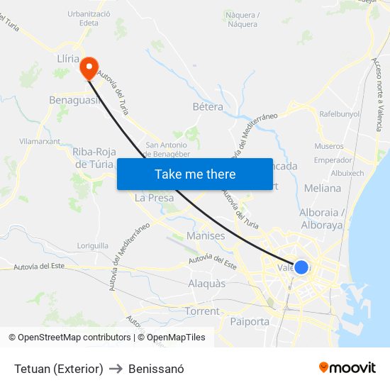 Tetuan (Exterior) to Benissanó map