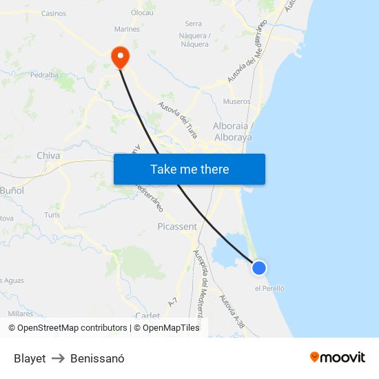 Blayet to Benissanó map