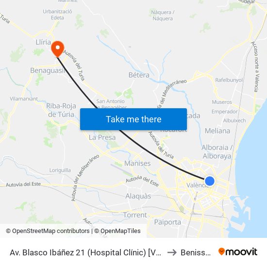 Av. Blasco Ibáñez 21  (Hospital Clínic) [València] to Benissanó map