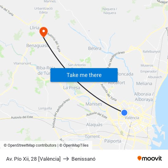 Av. Pío Xii, 28 [València] to Benissanó map