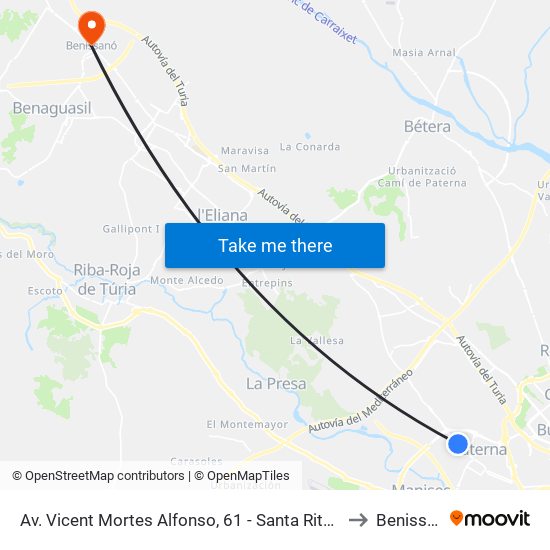 Av. Vicent Mortes Alfonso, 61 - Santa Rita [Paterna] to Benissanó map