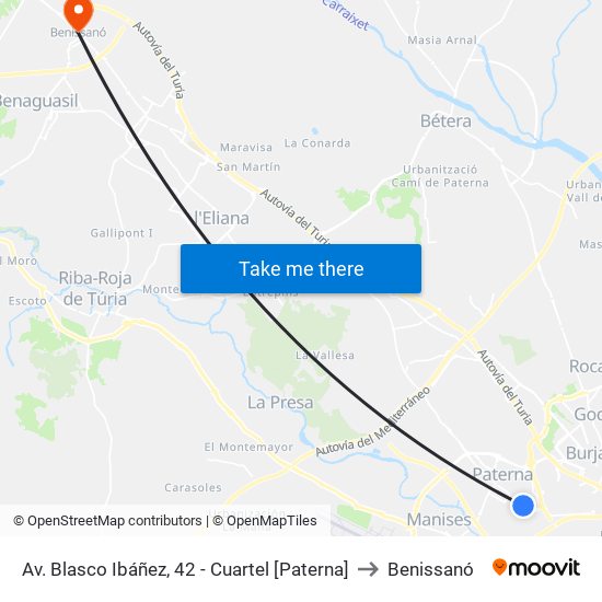 Av. Blasco Ibáñez, 42 - Cuartel [Paterna] to Benissanó map