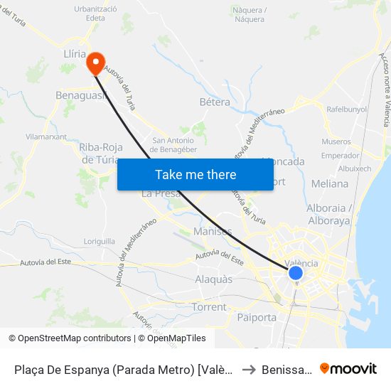 Plaça De Espanya (Parada Metro) [València] to Benissanó map
