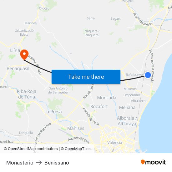 Monasterio to Benissanó map