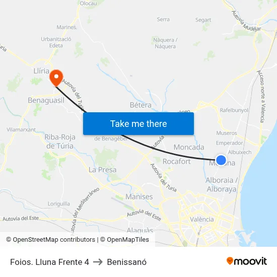 Foios. Lluna Frente 4 to Benissanó map