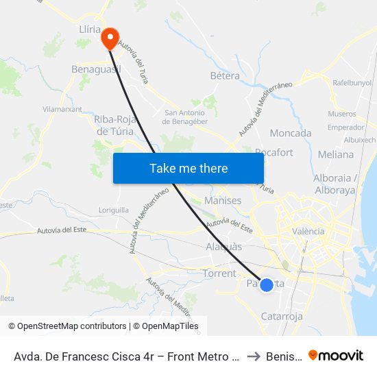 Avda. De Francesc Cisca 4r – Front Metro De Paiporta [Paiporta] to Benissanó map