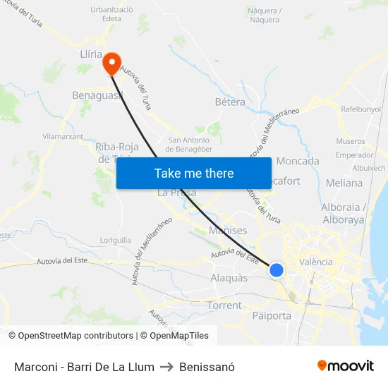 Marconi - Barri De La Llum to Benissanó map