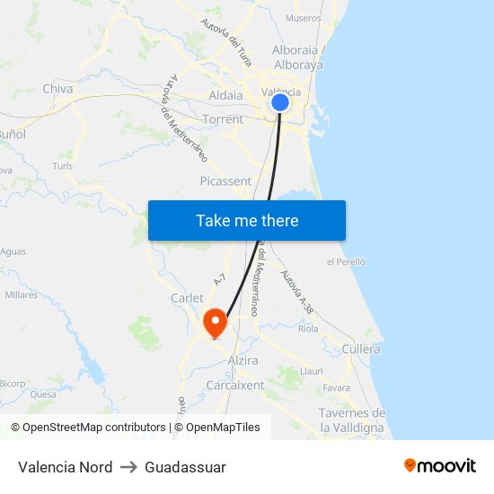 Valencia Nord to Guadassuar map