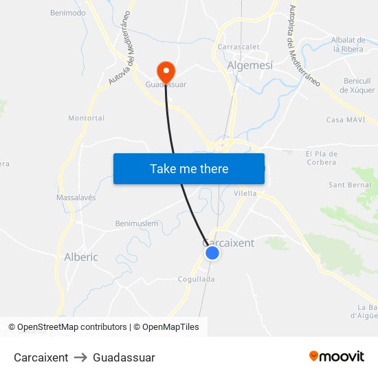 Carcaixent to Guadassuar map