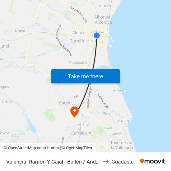València. Ramón Y Cajal - Bailén / Andana 2 to Guadassuar map