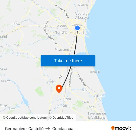 Germanies - Castelló to Guadassuar map