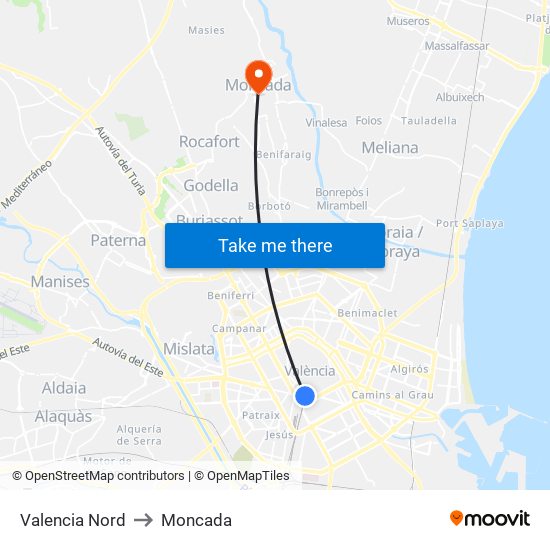 Valencia Nord to Moncada map