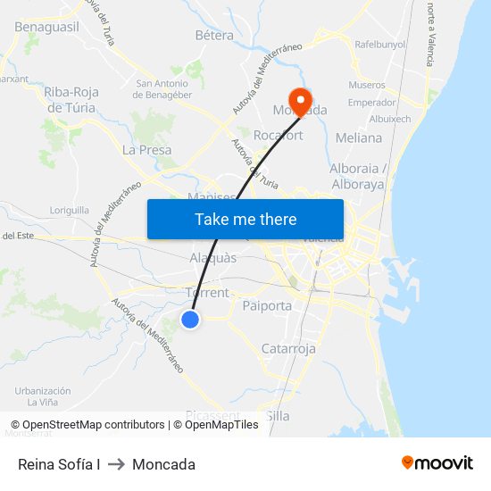 Reina Sofía I to Moncada map