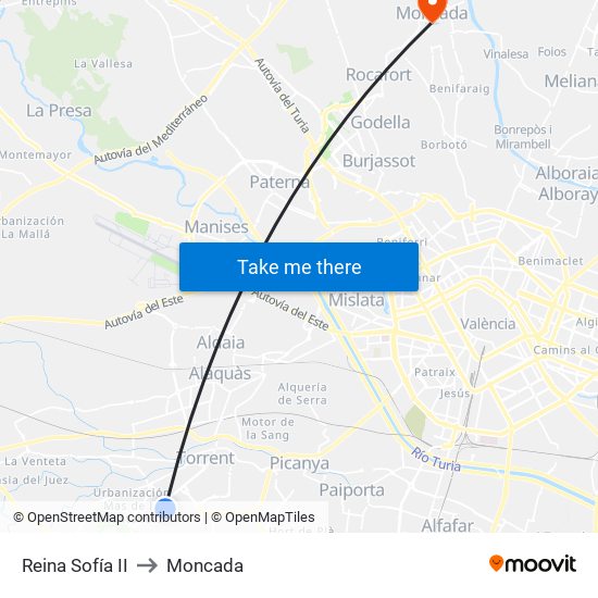 Reina Sofía II to Moncada map