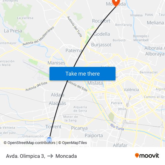 Avda. Olimpica 3, to Moncada map