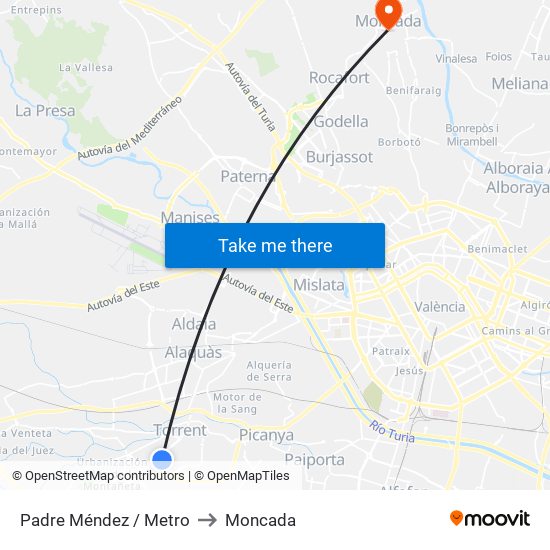 Padre Méndez / Metro to Moncada map
