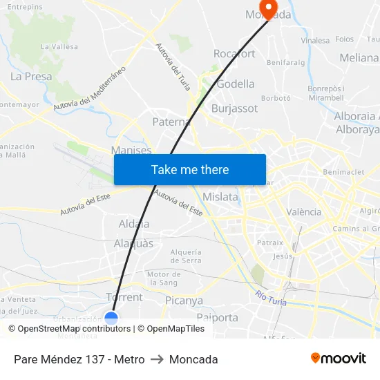 Padre Méndez - Metro to Moncada map