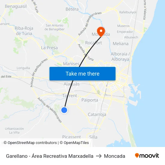 Garellano - Área Recreativa Marxadella to Moncada map