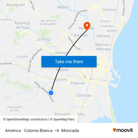 América - Colonia Blanca to Moncada map
