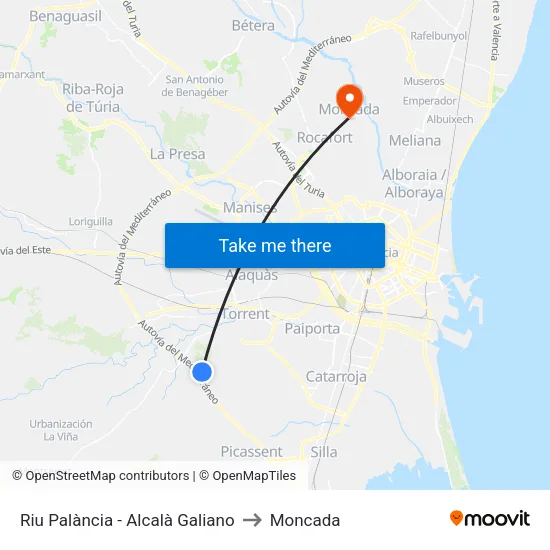 Riu Palància - Alcalà Galiano to Moncada map