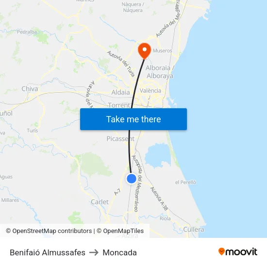 Benifaió Almussafes to Moncada map