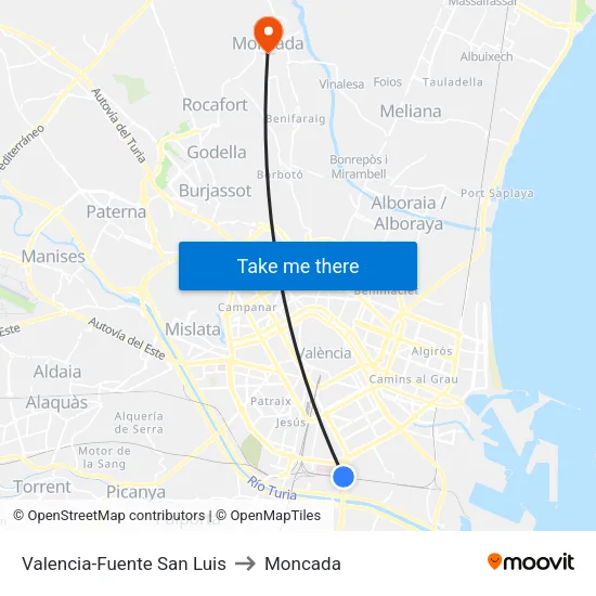 Valencia-Fuente San Luis to Moncada map