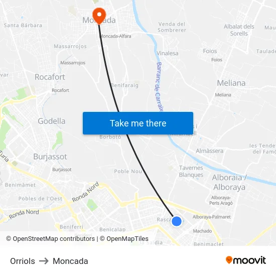 Orriols to Moncada map