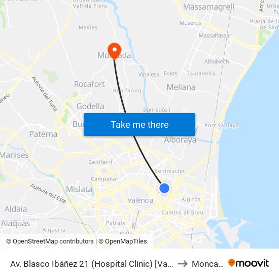 Av. Blasco Ibáñez 21  (Hospital Clínic) [València] to Moncada map