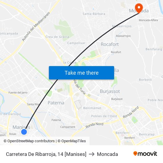 Carretera De Ribarroja, 14 [Manises] to Moncada map