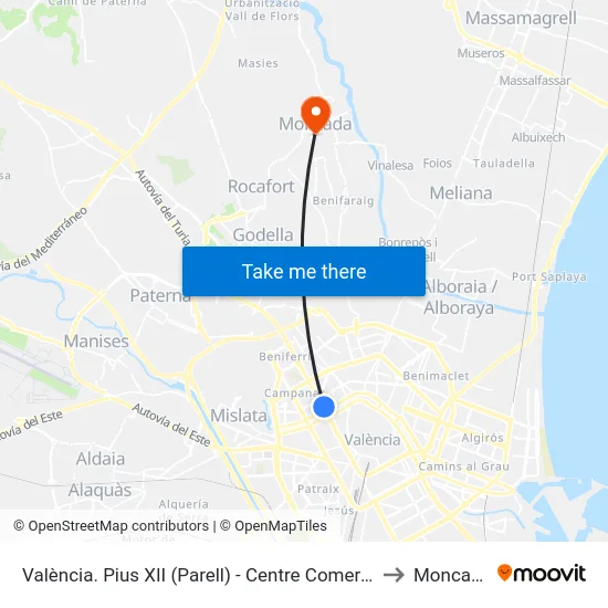 València. Pius XII (Parell) - Centre Comercial to Moncada map