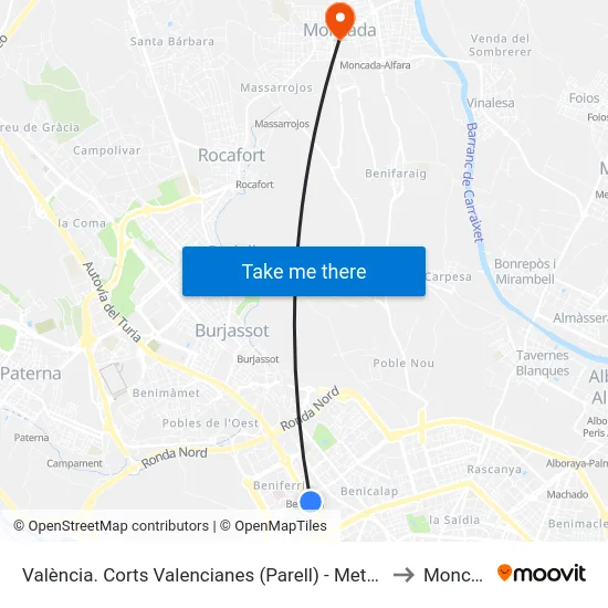 València. Corts Valencianes (Parell) - Metro Beniferri to Moncada map