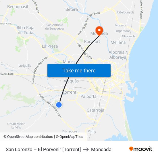 San Lorenzo – El Porvenir [Torrent] to Moncada map