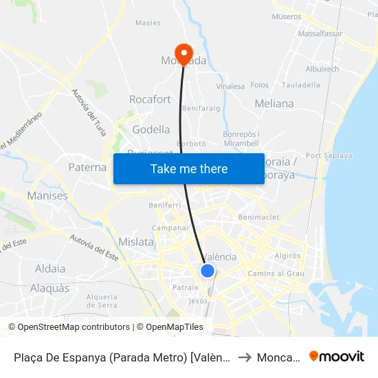 Plaça De Espanya (Parada Metro) [València] to Moncada map