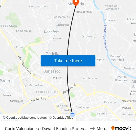 Corts Valencianes - Davant Escoles Professionals Sant Josep to Moncada map