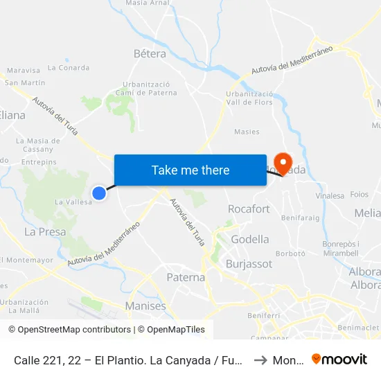 Calle 221, 22 – El Plantio. La Canyada / Fuente Del Jarro [Paterna] to Moncada map