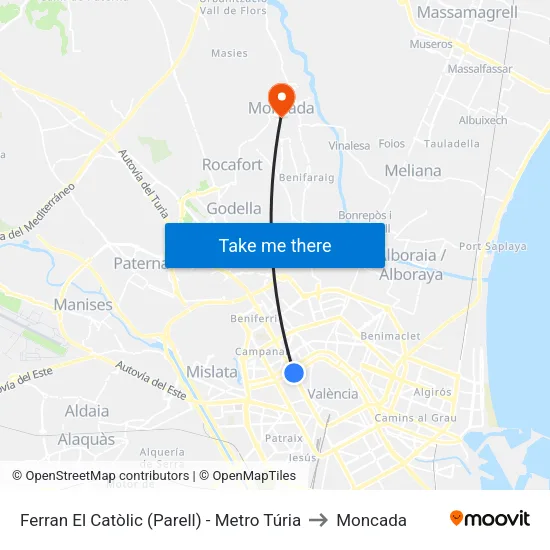 València. Ferran El Catòlic (Parell) - Metro Túria to Moncada map