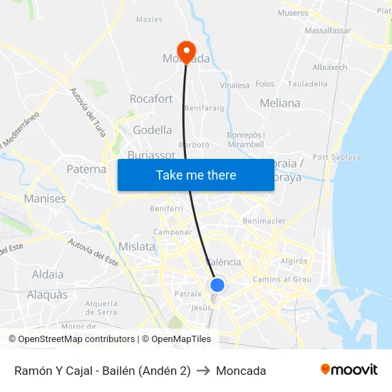 València. Ramón Y Cajal - Bailén / Andana 2 to Moncada map
